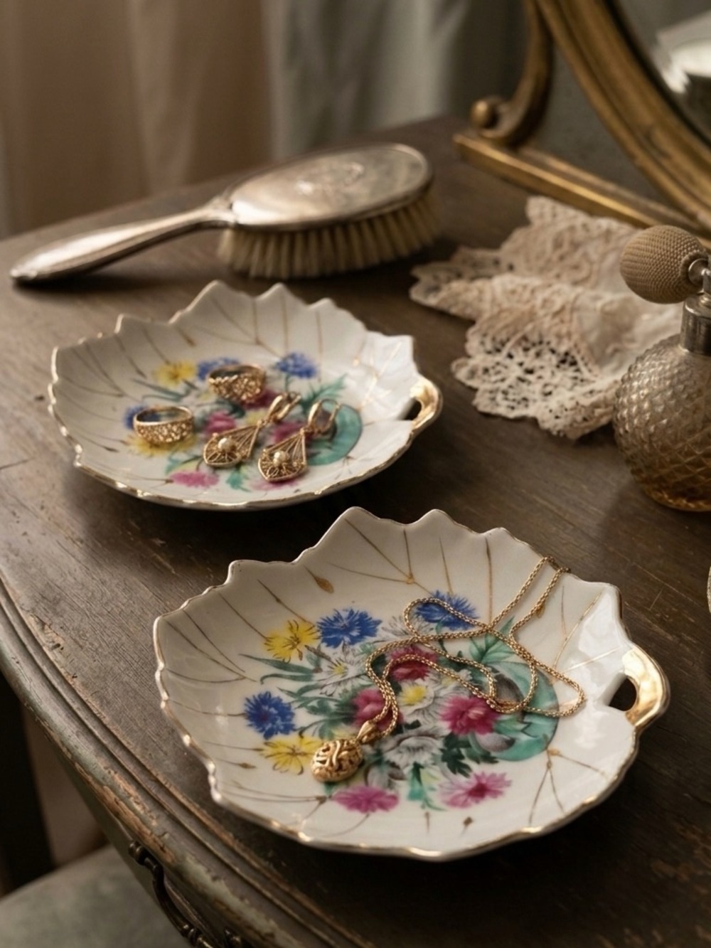 Vintage Made in Japan Leaf Porcelain Trinket Dish Set Gold Floral Cottagecore